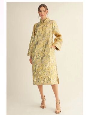 JODIFL Gold Metallic Brocade Midi Dress with Pink and Blue Floral Accents